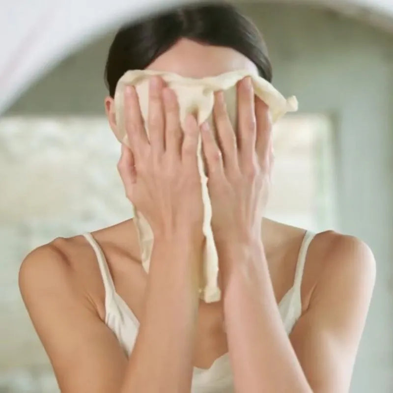 Model using Aeos Organic Muslin Face Cloth