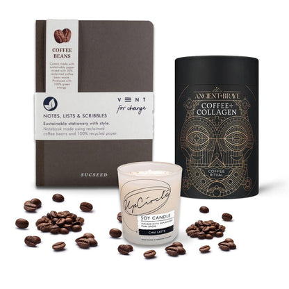 Coffee Lovers Gift Set - main image showing contents of the gift set including Ancient + Brave Coffee, Vent for Change Notebook and an UpCircle Candle