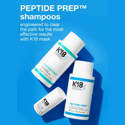 Infographic showing benefits of K18 Peptide Prep PH Maintenance Shampoo 250ml