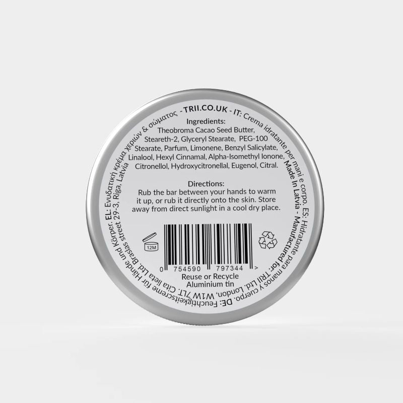 Trii Incense Hand & Body Moisturiser Bar 1 - image of back of tin showing ingredients and barcode