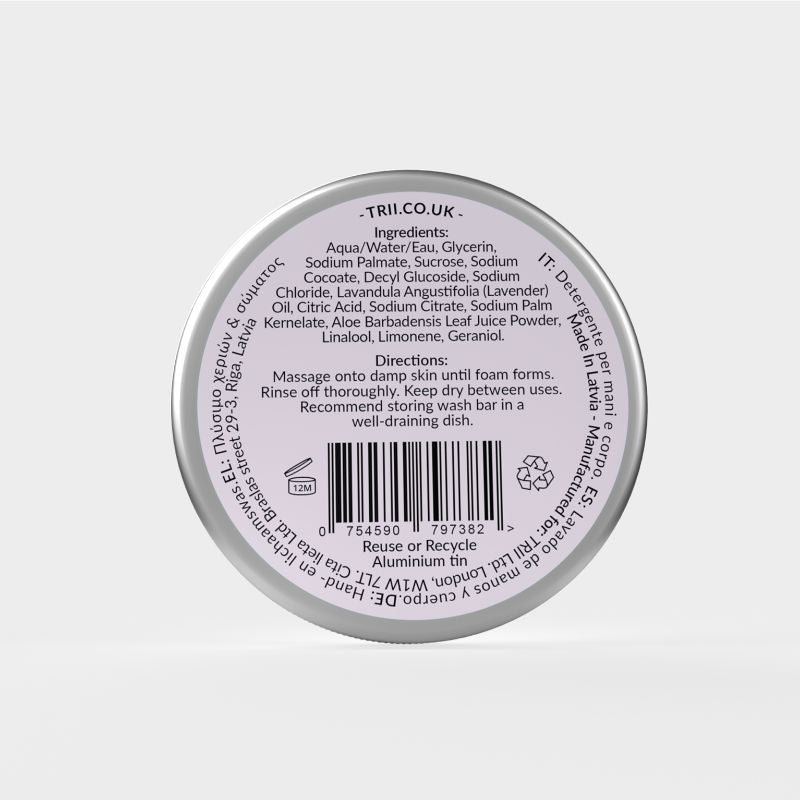 Trii Lavender Hand & Body Wash Bar 1 - image of back of tin showing ingredients and barcode