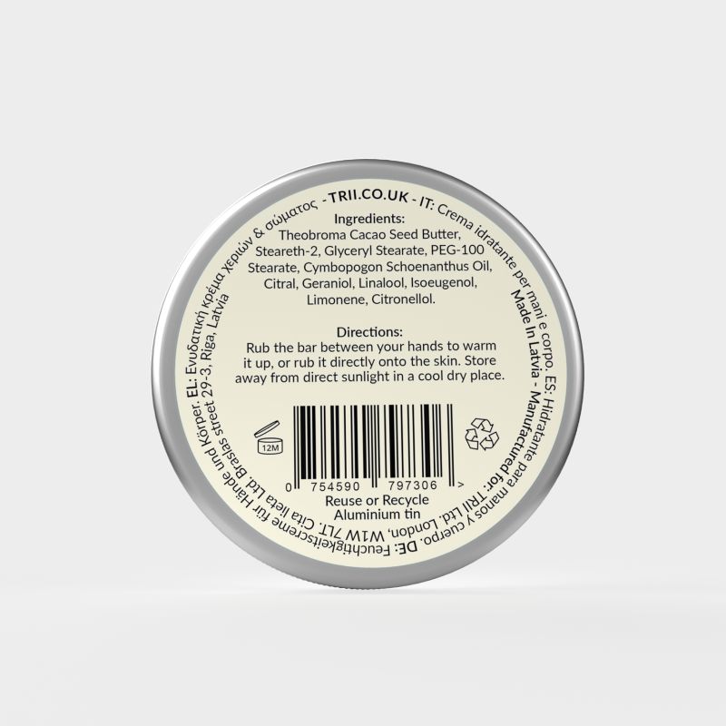 Trii Lemongrass Hand & Body Moisturiser Bar 1 - image of back of tin showing ingredients and barcode