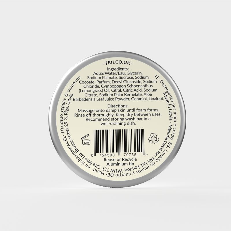 Trii Lemongrass Hand Body Wash Bar - image of back of tin showing ingredients and barcode
