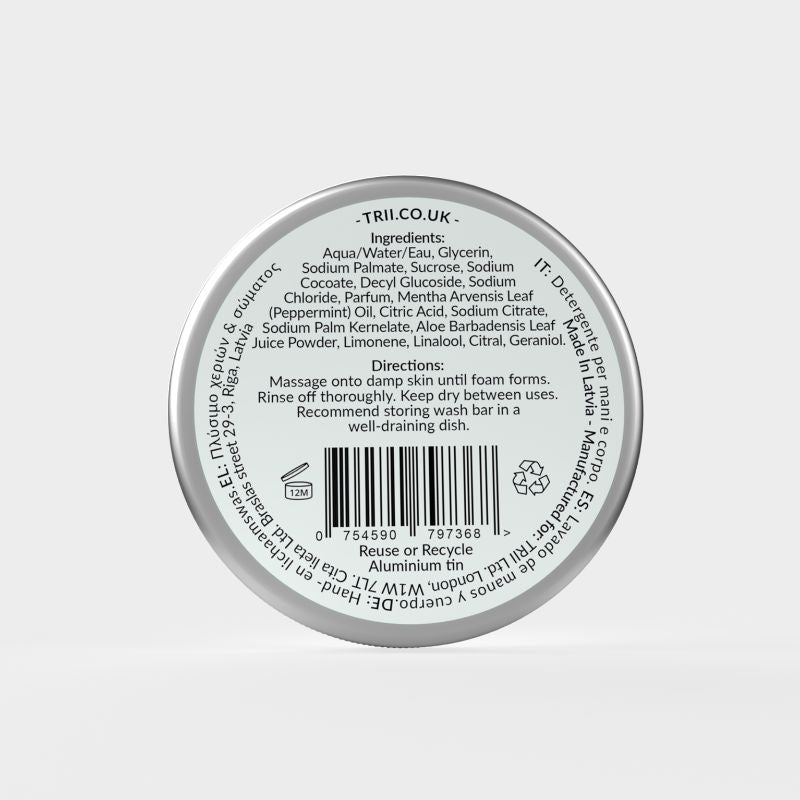 Trii Peppermint Hand Body Wash Bar 1 - image of back of tin showing ingredients and barcode