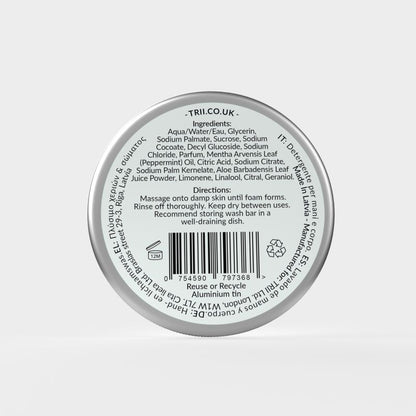 Trii Peppermint Hand Body Wash Bar 1 - image of back of tin showing ingredients and barcode
