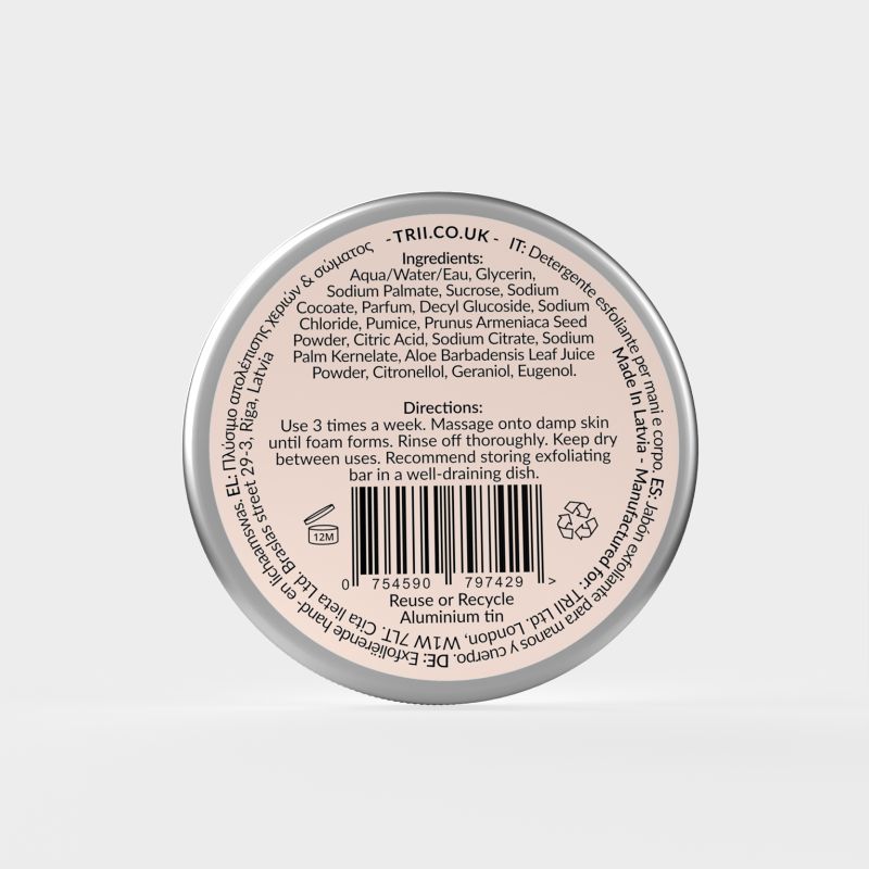 Trii Rose Hand & Body Exfoliating Wash Bar 1 - image of back of tin showing ingredients and barcode