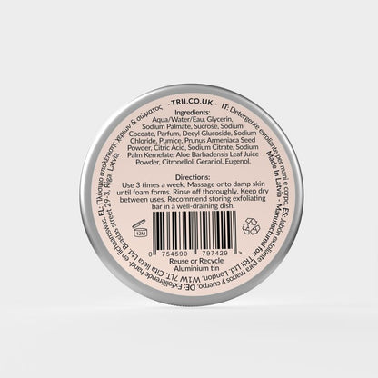 Trii Rose Hand & Body Exfoliating Wash Bar 1 - image of back of tin showing ingredients and barcode